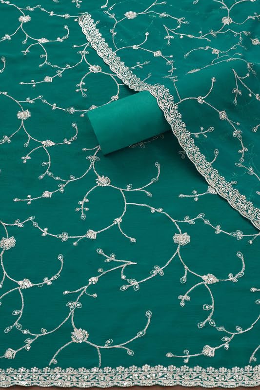 Soch Womens Teal Chinon Embroidered Unstitch Dress Material With Sequins