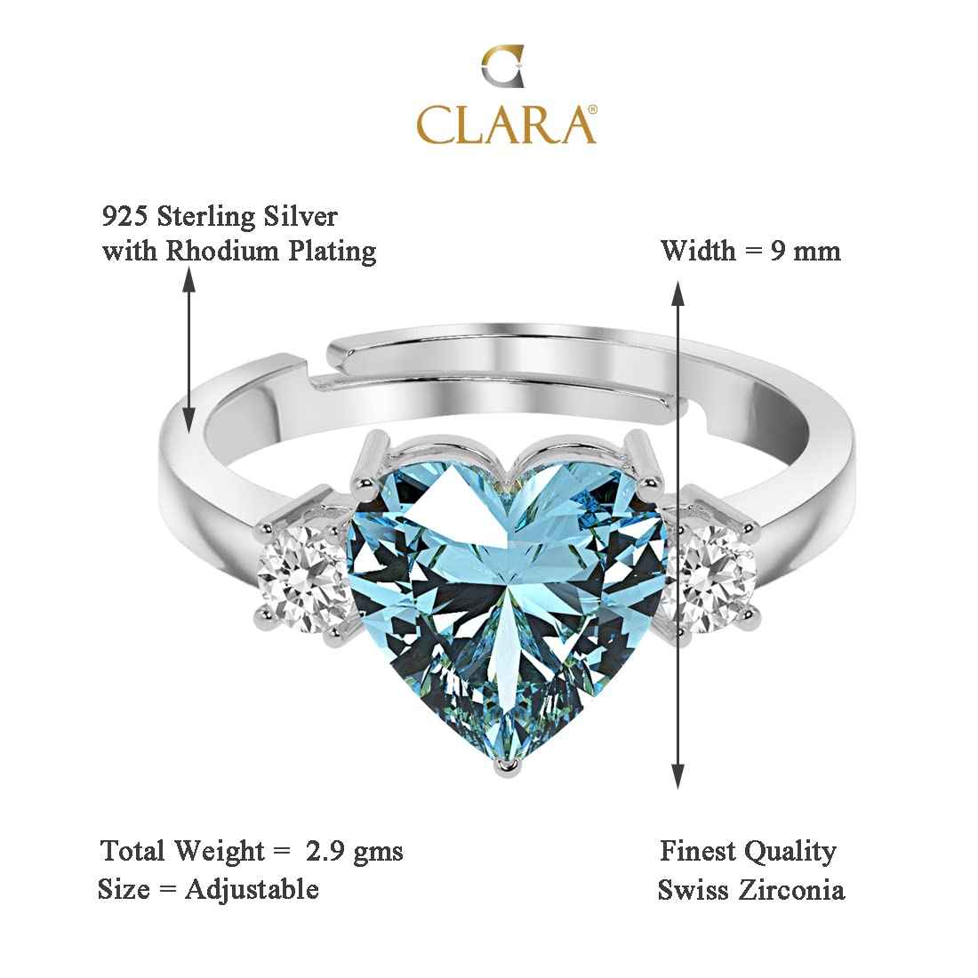 Clara 925 Sterling Silver Sky Blue Heart Ring with Adjustable Band | Rhodium Plated, Swiss Zirconia | Gift for Women & Girls