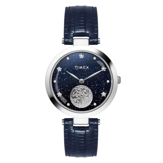TIMEX Analog Watch for Women with Blue Round Dial & Blue Leather Strap Band Water Resistant Women's Wrist Watches - TWEL19202