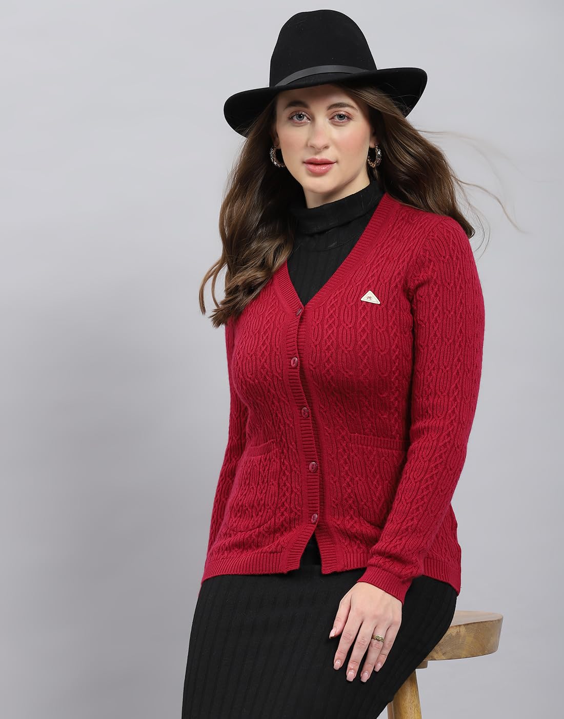 Monte Carlo Womens Self Design V Neck Wool Blend Cardigan Maroon L