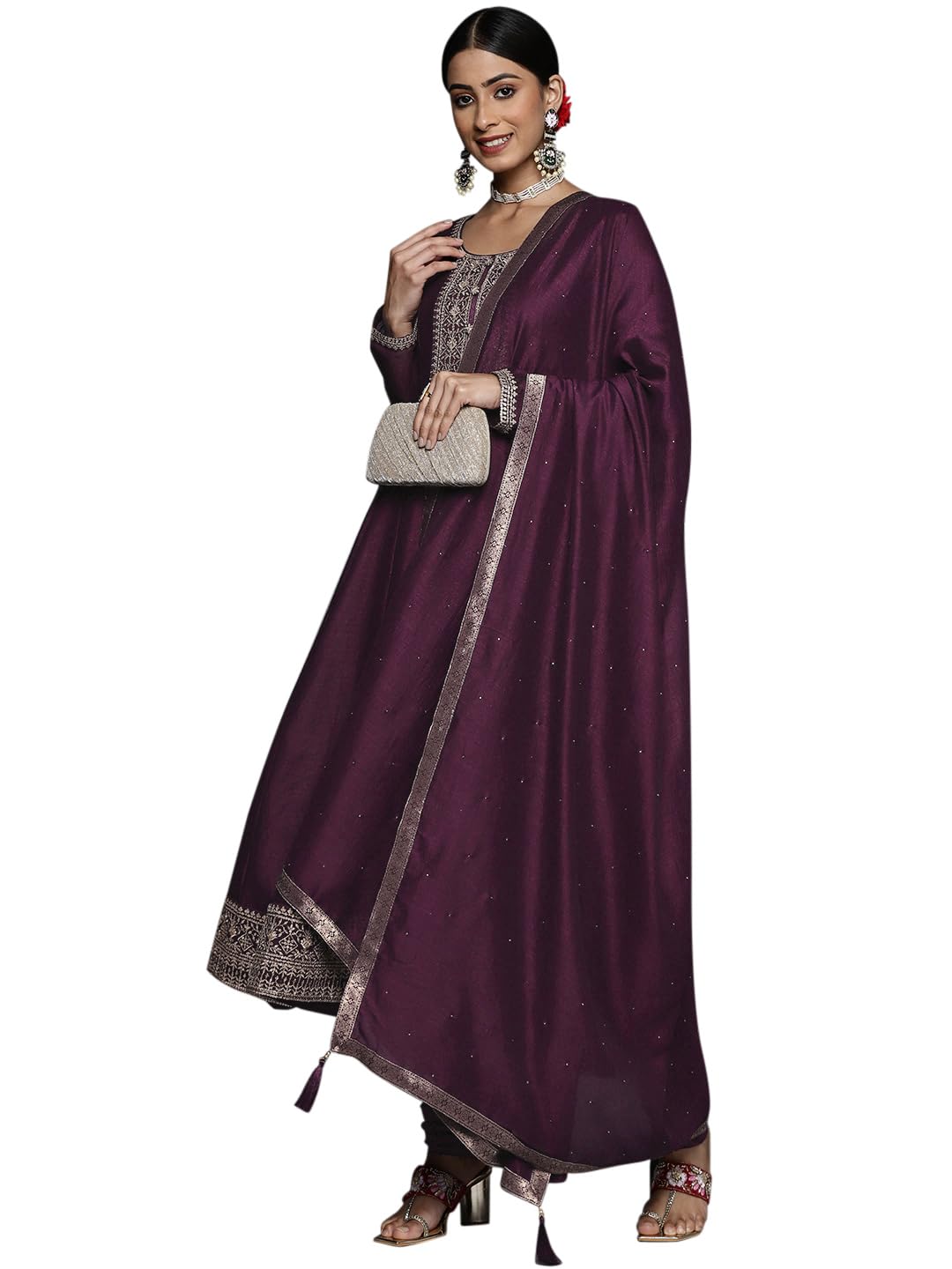 Libas Purple Yoke Design Silk Blend Anarkali Kurta With Churidar & Dupatta
