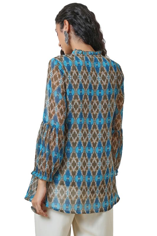 Soch Womens Olive Tie-Up Neck Printed A Line Chiffon Tunic