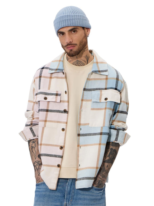 The Souled Store Blushing Skies Men and Boys Long Sleeve Collared Neck Button Front Cotton Oversized Fit Flannel Shackets