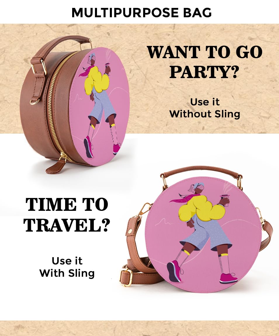Kalankit Round Sling For Women | Girls Crossbody Bags | Side Bags With Adjustable Strap | Travel Box Sling Bags | A Coffee Day Out