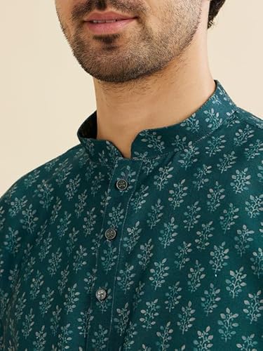 Manyavar Men's Cotton Blend Digital Print Short Kurta (Teal Green,XXL)