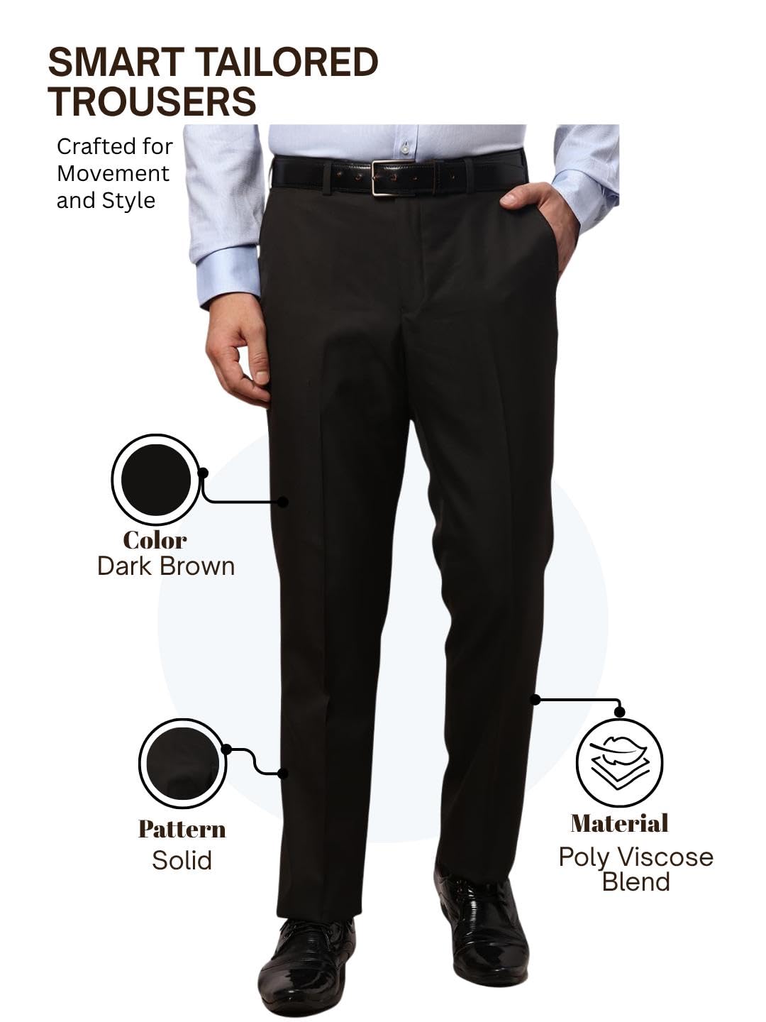 Park Avenue Men's Smart Fit Polyester Viscose Blend Solid Pattern Dark Brown Flat Front Formal Trouser