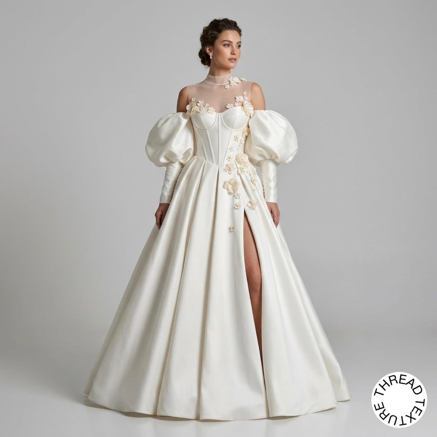 ThreadTexture Women's Avant-Garde Illusion High Neck 3D Floral Appliques Off-the-Shoulder Puff Sleeves High Slit Wedding Gown White (in, Alpha, S, Regular, White, Designer Shivay)