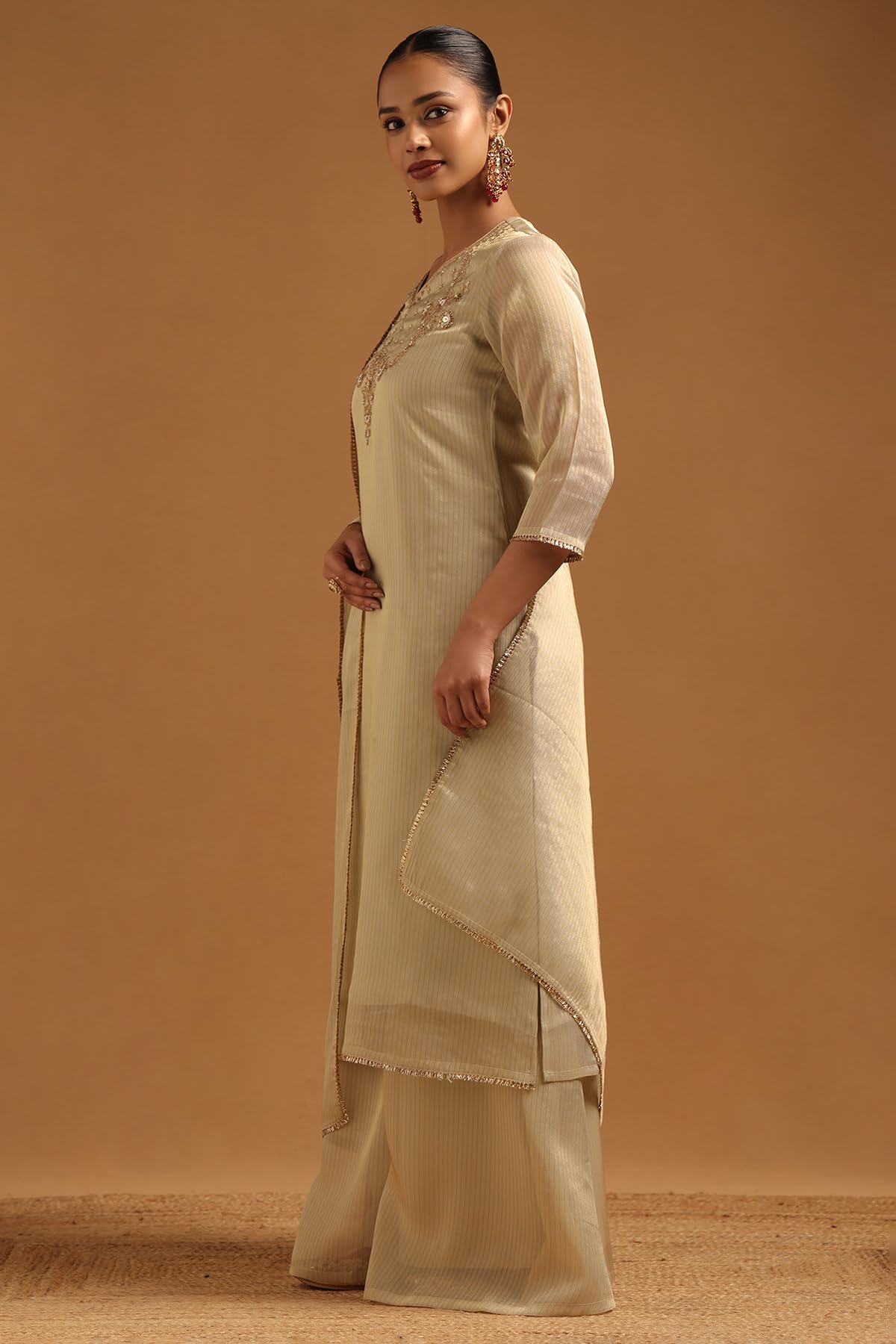 Soch Womens Beige Tissue Stripes Salwar Suit With Sequins