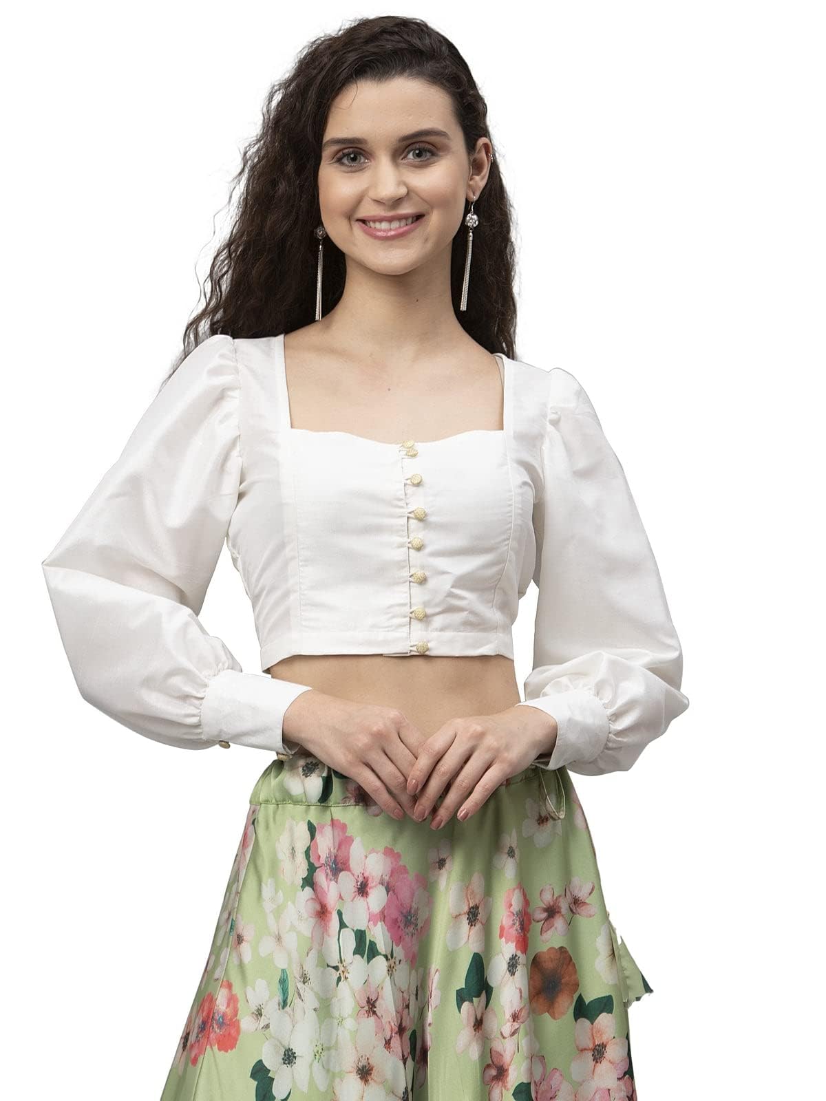studio rasa Plus Size Silk Blend Button Down Shirt Style Readymade Saree Blouse for Women's Fitted Casual Party (Tpwc22125-2Xl_Bl_White_2XL)