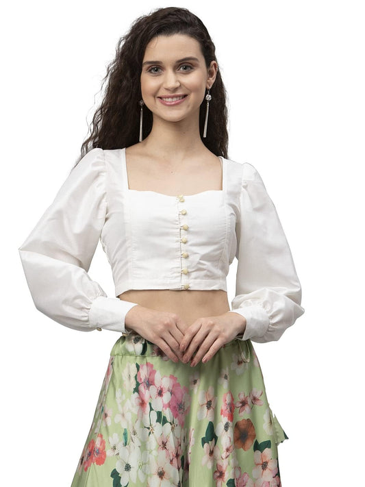 studio rasa Plus Size Silk Blend Button Down Shirt Style Readymade Saree Blouse for Women's Fitted Casual Party (Tpwc22125-2Xl_Bl_White_2XL)