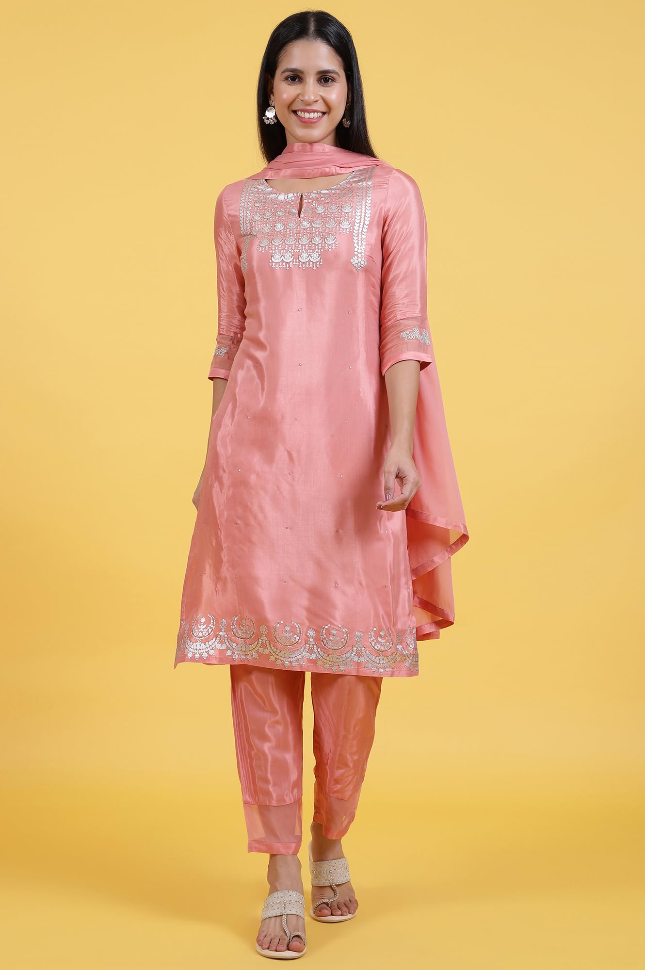 W for Woman Pink Printed Shantung Straight Kurta, Pants and Dupatta Set (Size: XL)-WS12305-112668