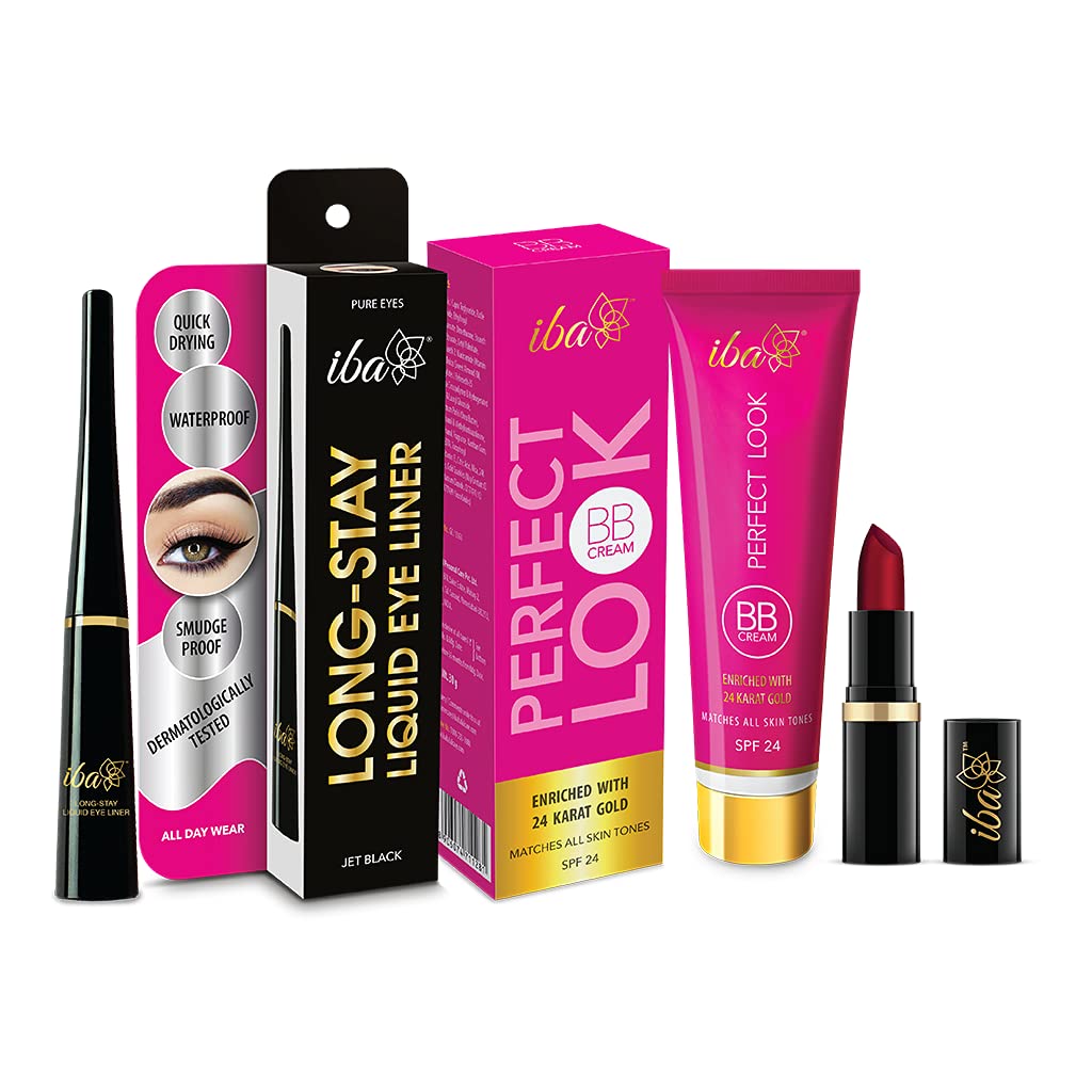 Iba Makeup Combo 2-24 Karat Gold BB Cream(Medium Shade) | Long Stay Eyeliner | Ruby Touch A65 Lipstick (Set of 3)