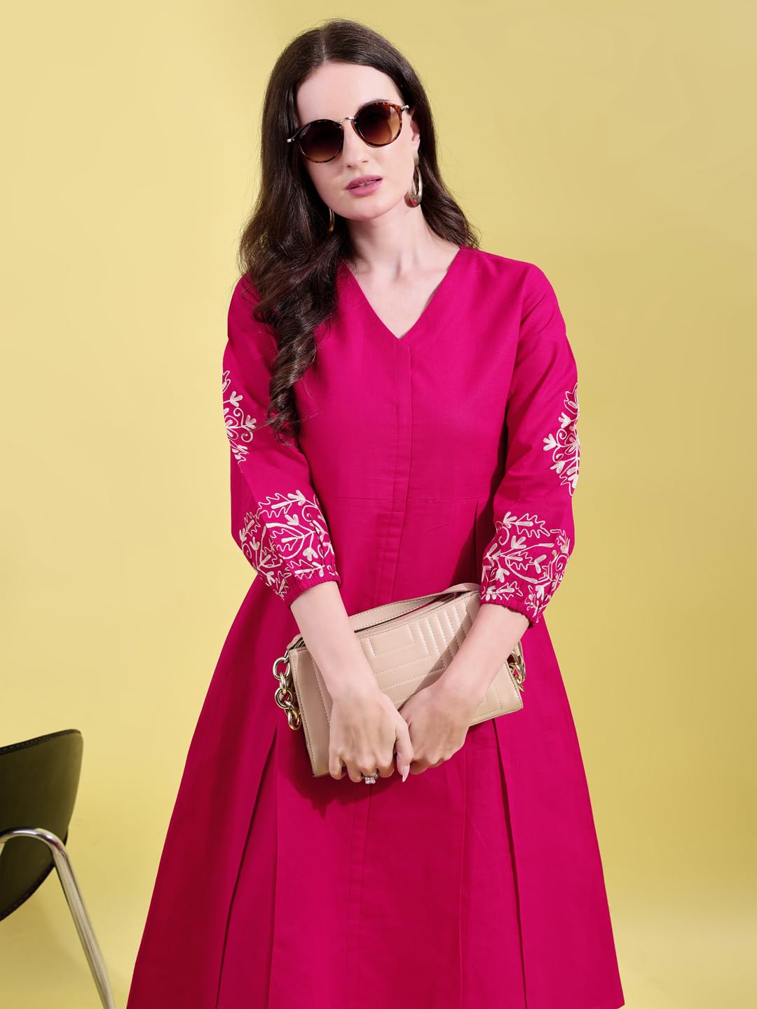 Womanista Linen Blend Women's Fuchsia Cotton Flex with Embroidered Sleeves Empire A-LINE Ethnic Dress Maxi (ETHNICDRESS_113_Pink_M)