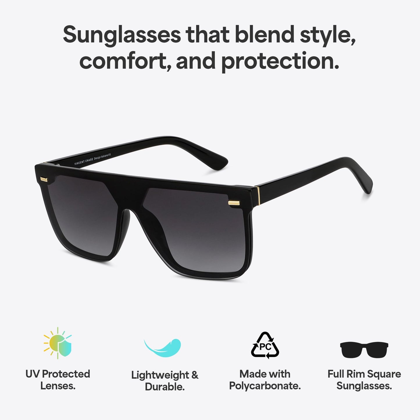 Vincent Chase By Lenskart | Black Full Rim Square| Polarized Stylish Sunglasses | 100% UV Protected | For Men & Women (Large, VC S14088)