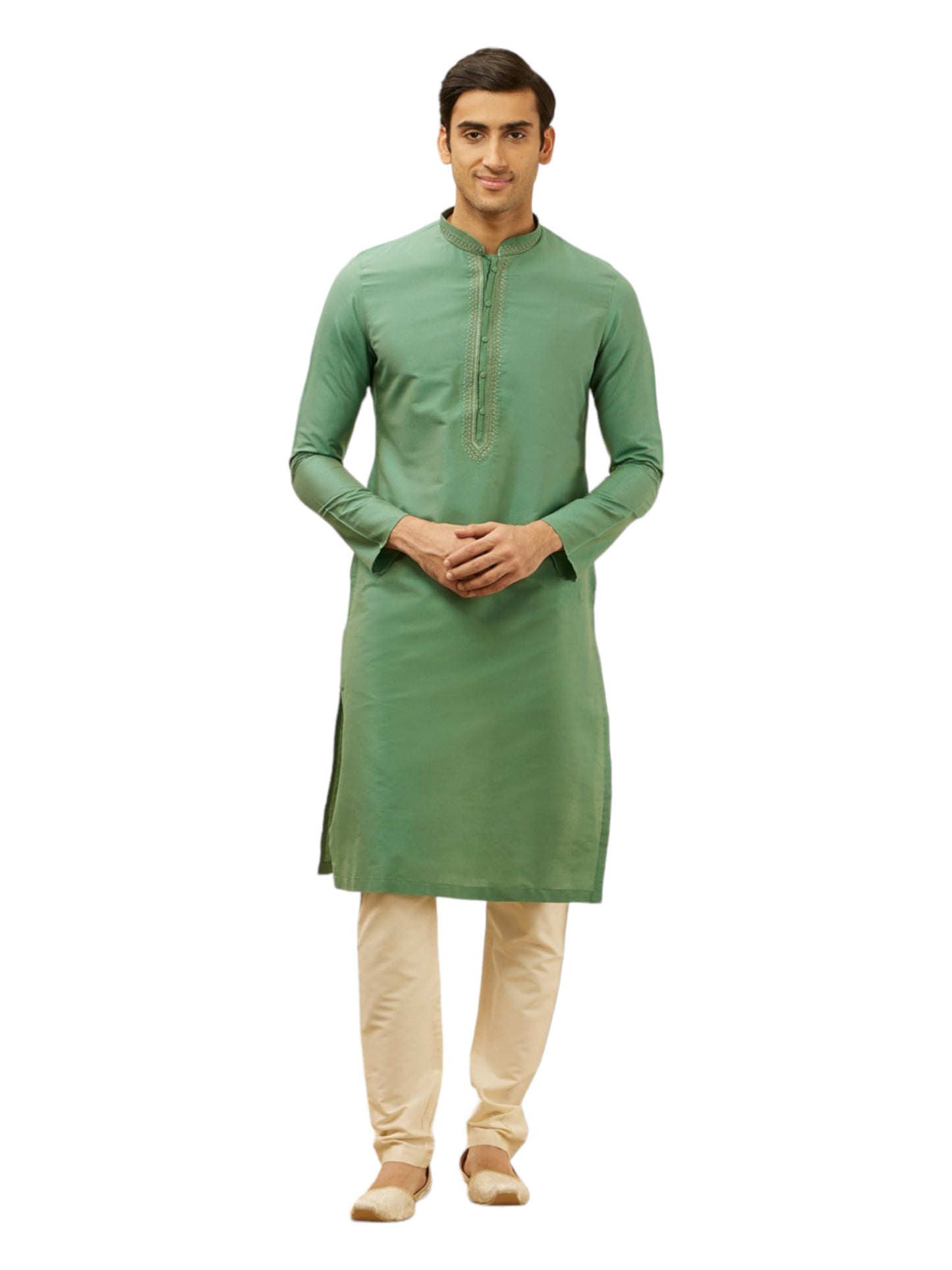 Manyavar Men's Green Blended Viscose Solid Kurta Pyjama Set (L)