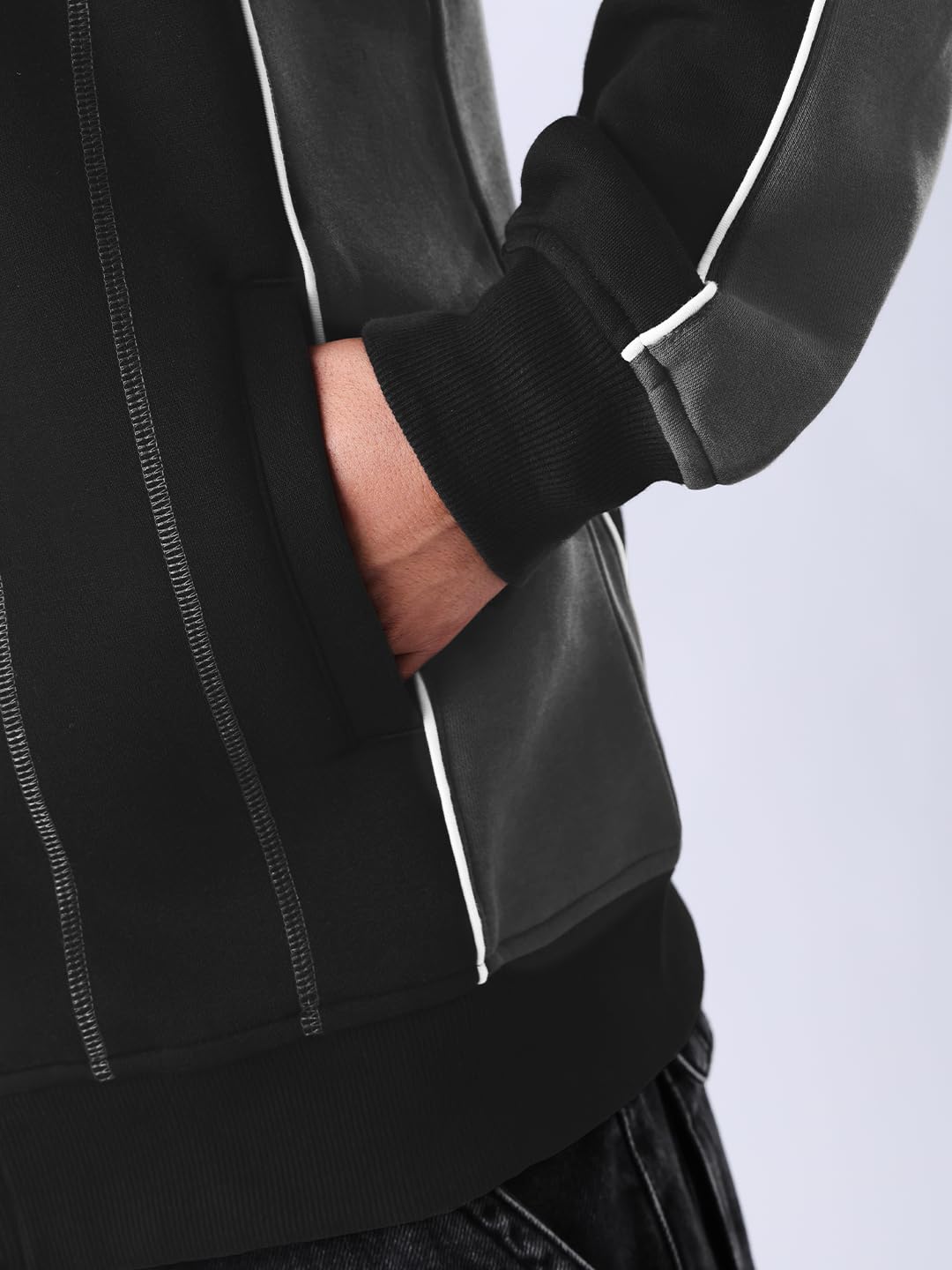 The Souled Store Varsity Jacket: Gunmetal Men and Boys Full Sleeves Mandarin Collar Solid Cotton Blend Oversized Fit Contrast Piping Casual Varsity Jacket