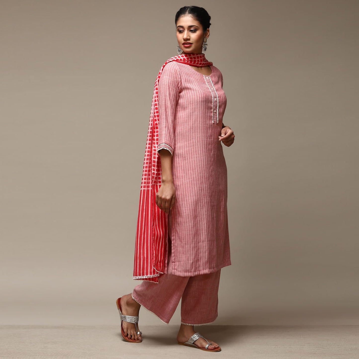 BIBA Women Cotton Yarndyed Straight Salwar Kurta Dupatta(SKD7508E_RED_36), Large