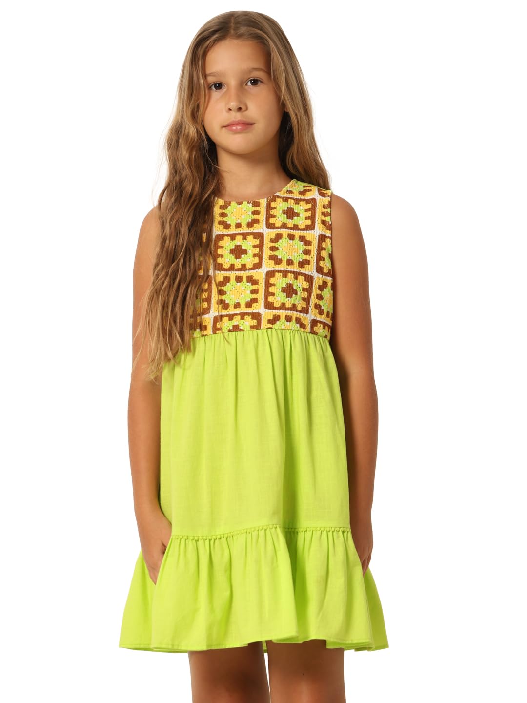 VERO MODA Girls Self Design Cotton Green Above Knee Length A-Line Dress