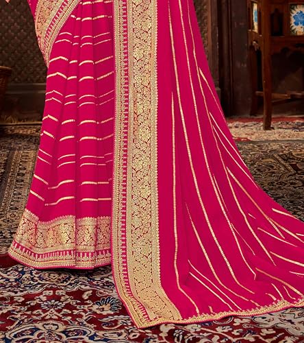 Laxmipati Firki Striped Printed & Zari Lace Border Georgette Saree in Dark Pink Color with Unstitched Blouse