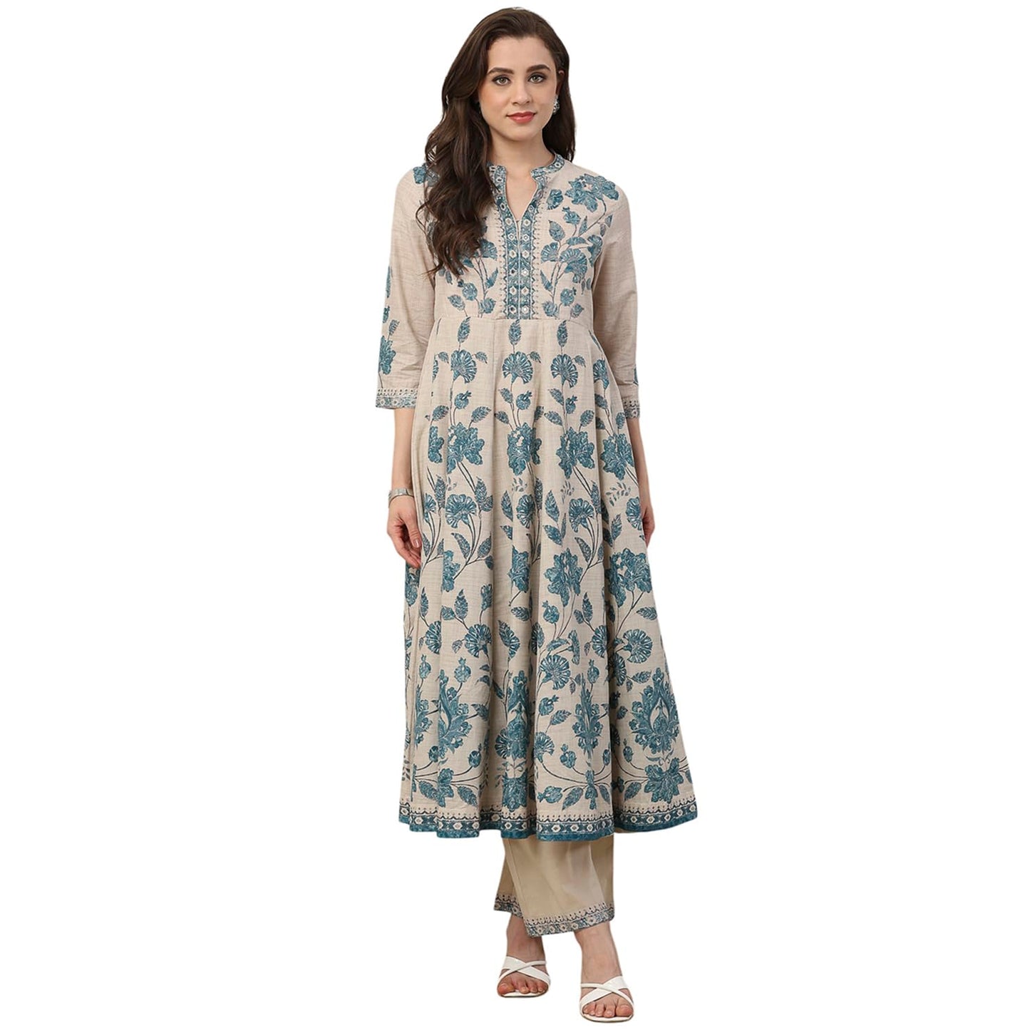 Biba Women Blue Cotton Anarkali Suit Set_32