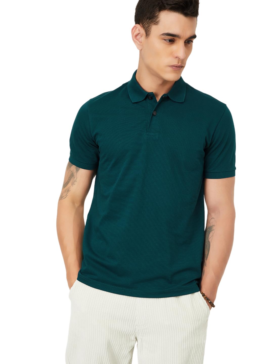 Max Men Textured Polo T-Shirt(Teal_L)