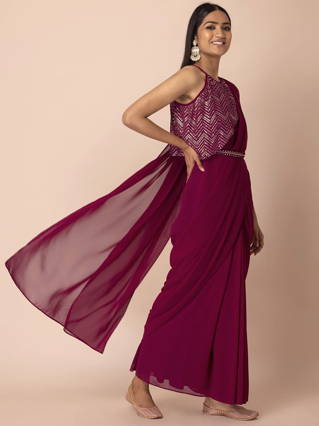Indya Women's Woven Georgette Pre-Draped Saree (ITN04199_Wine)