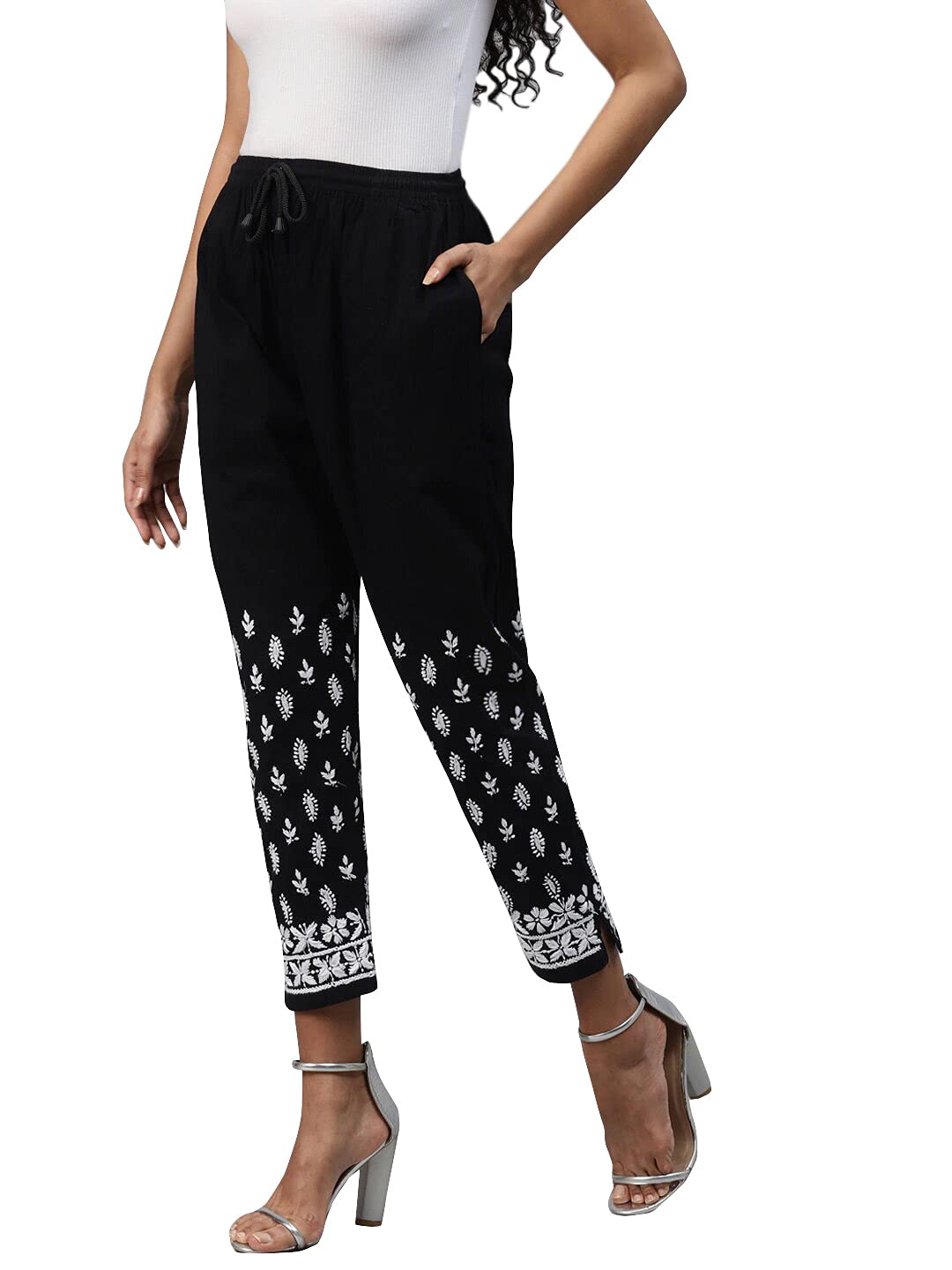 Ada Hand Embroidered Lucknow Chikankari Cotton Regular Fit Palazzo Pant For Women L711124 Black