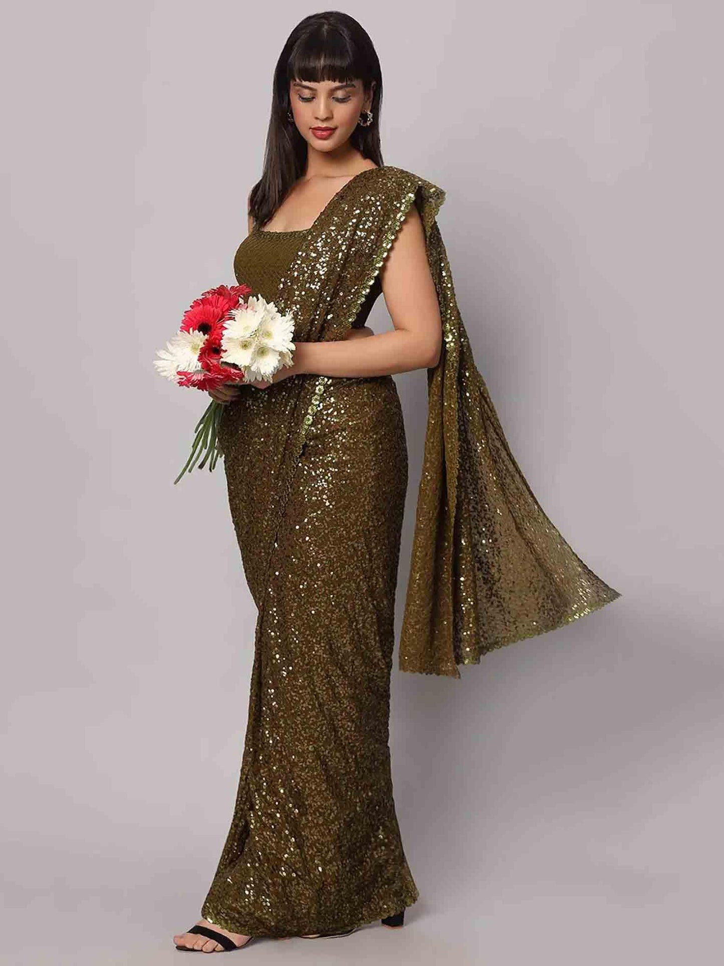 Zeel Clothing Women's Mehandi Green Sequins Work Heavy Georgette Saree with Blouse (1004-Olive-Green-Sequins-Party-Saree-New, Olive Green)