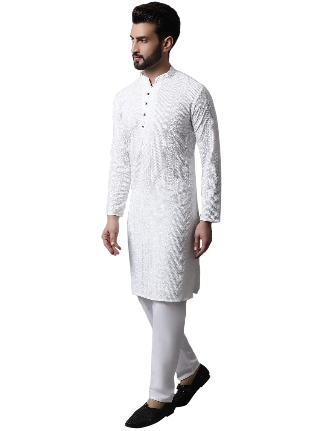 Jompers Men White Embroidered Pure Cotton Kurta with Pyjamas (White, S)