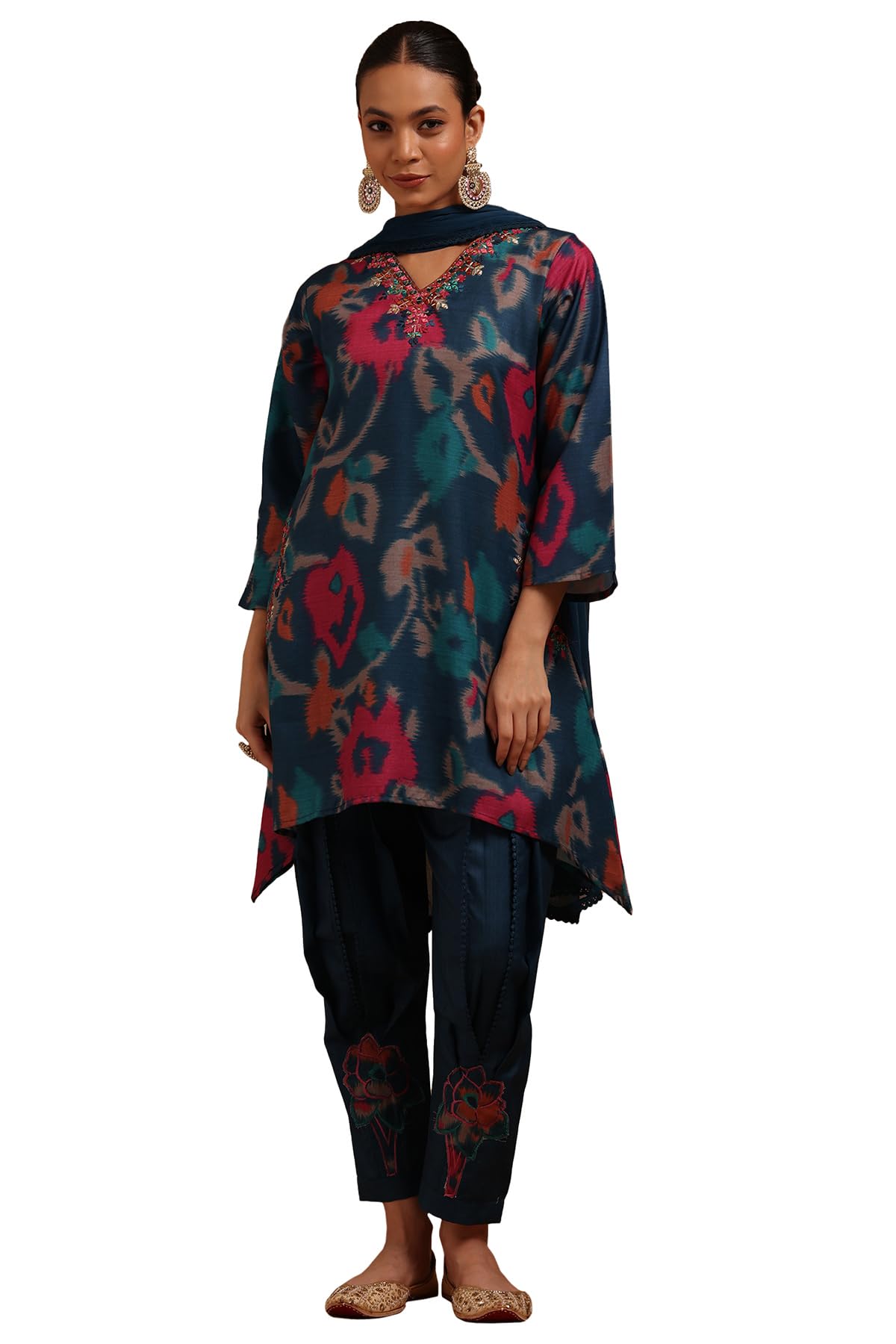 Soch Womens Blue Linen Ikat Print Suit Set With Mirror