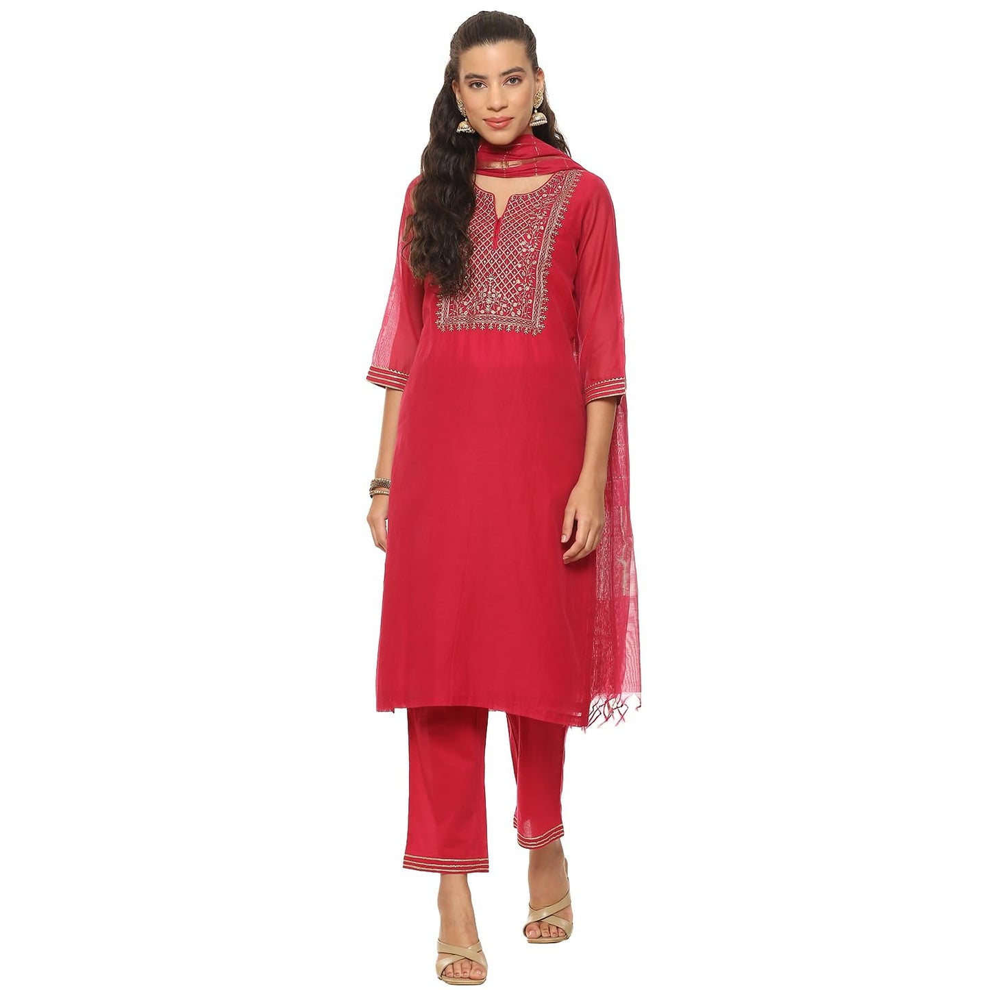 BIBA Women EMBROIDRED Straight SALWAR KURTA DUPATTA(SKDASSORTED8907_FUCHSIA_32)