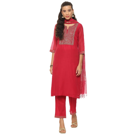 BIBA Women EMBROIDRED Straight SALWAR KURTA DUPATTA(SKDASSORTED8907_FUCHSIA_32)