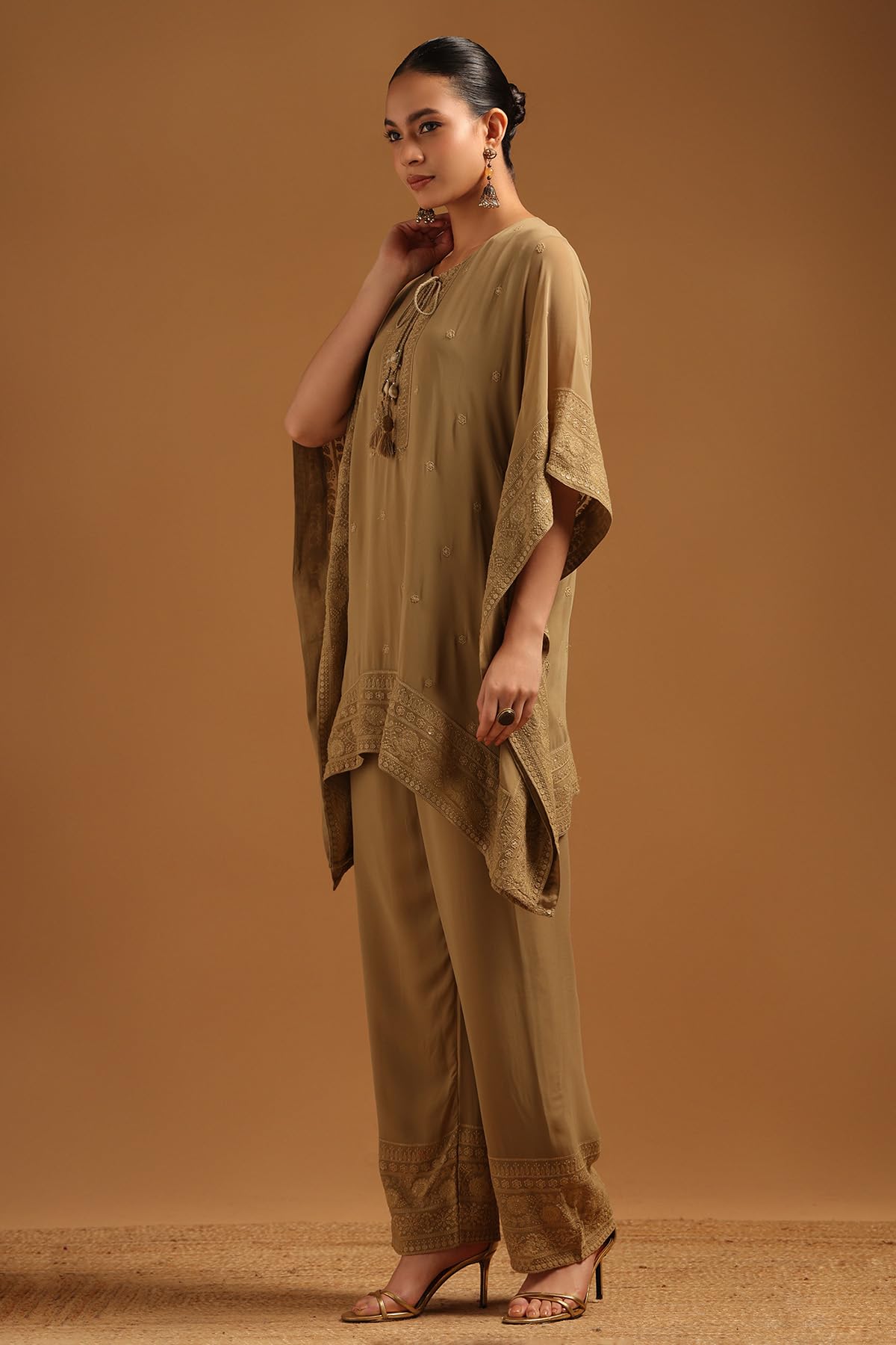 Soch Womens Olive Georgette Floral Kaftan Suit With Machine Embroidery and Tassel Details