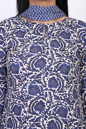 W for Woman Blue Floral Block Print Straight Kurta with Straight Pant and Dupatta Set (WS13531-127098-M)