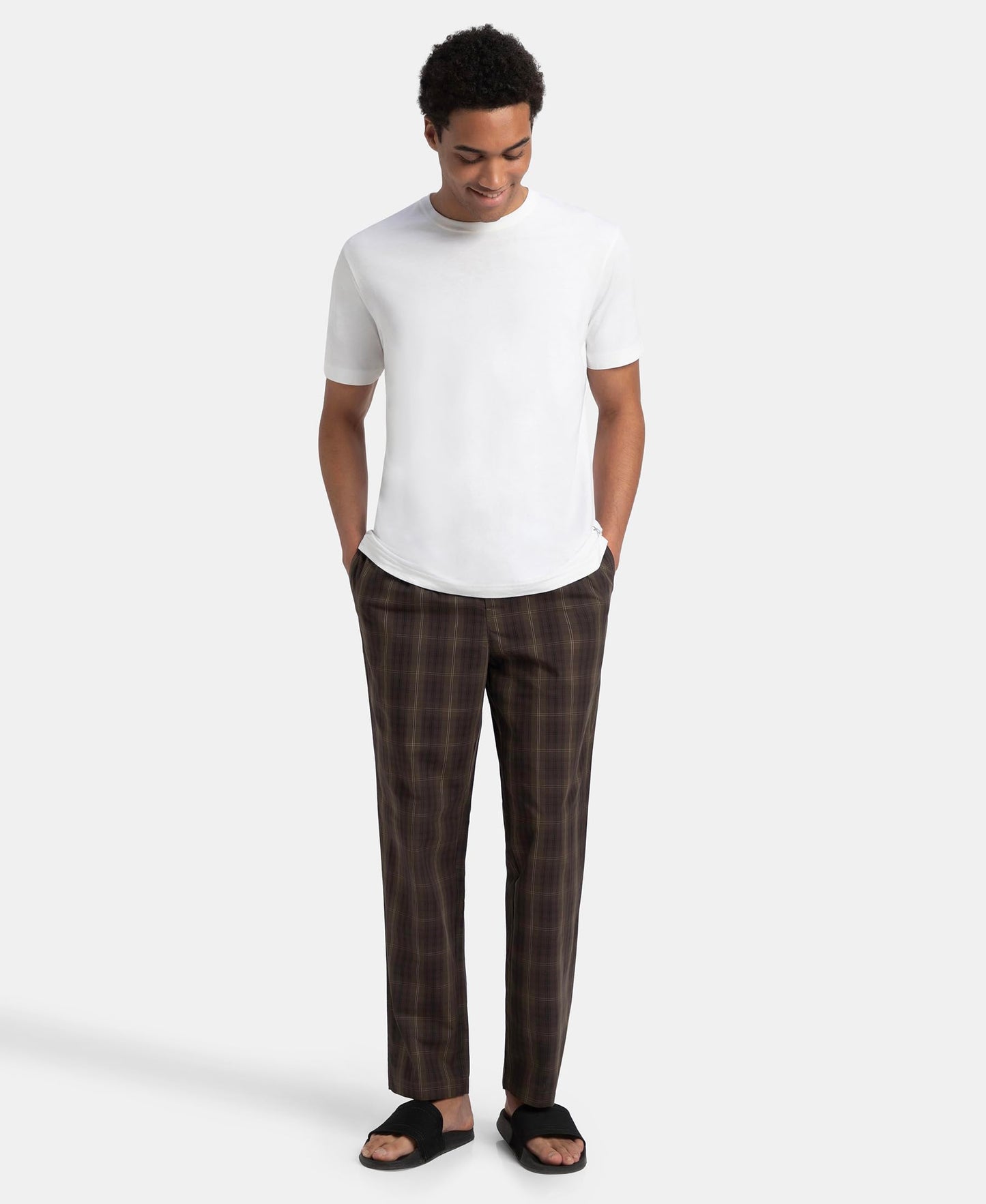 Jockey 9009 Men's Super Combed Cotton Woven Fabric Regular Fit Checkered Pyjama with Side Pockets_Olive Black_S
