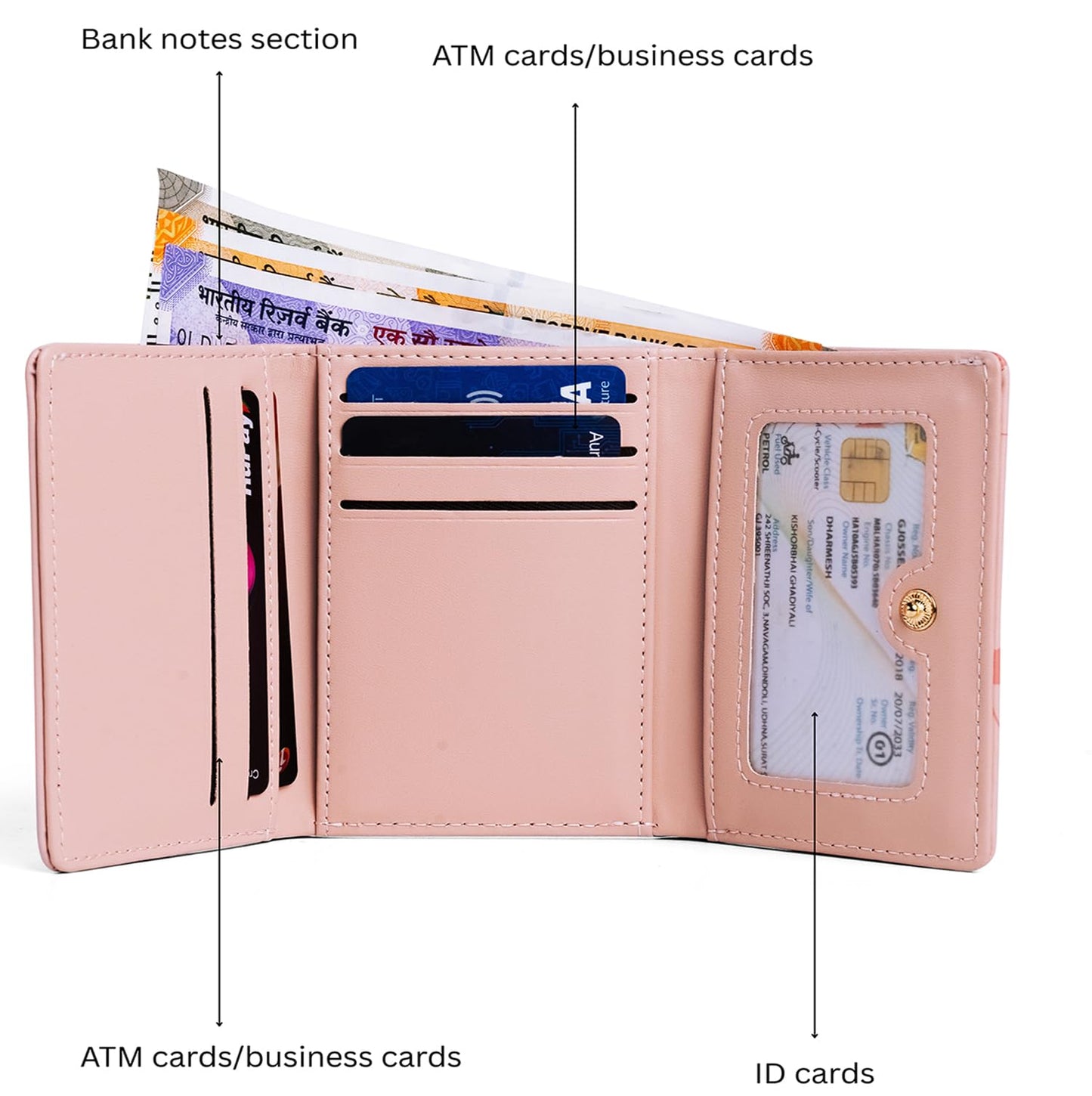 INOVERA (LABEL) Tri-fold Wallet for Women Girls - Cards Coin Holder Mini Hand Purse - Faux Leather Stylish Wallets (Pink)