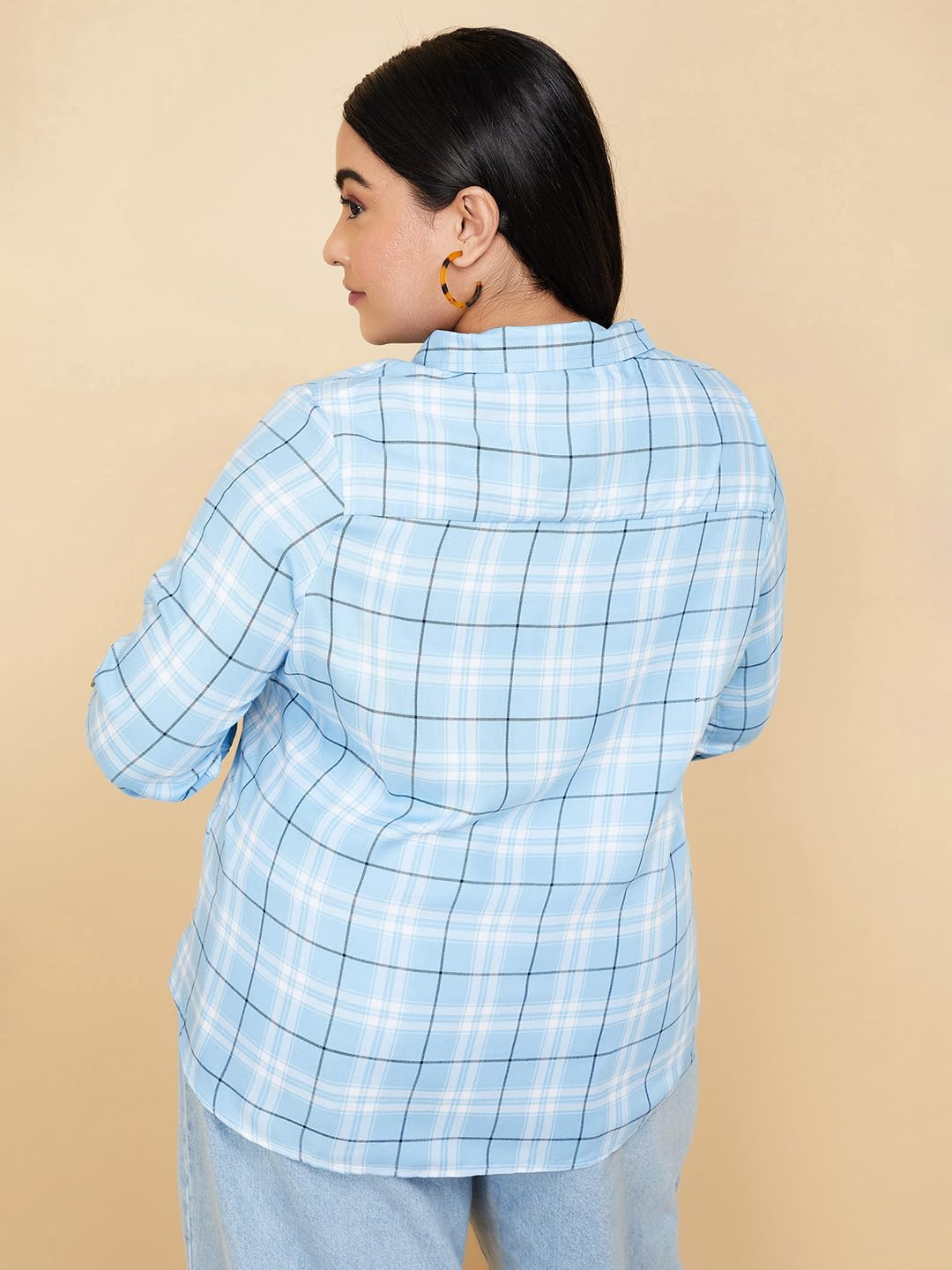 Max Women Plus Size Viscose Tartan Checked Yarn Dyed Shirt (DIZZY1DP_Light Blue)