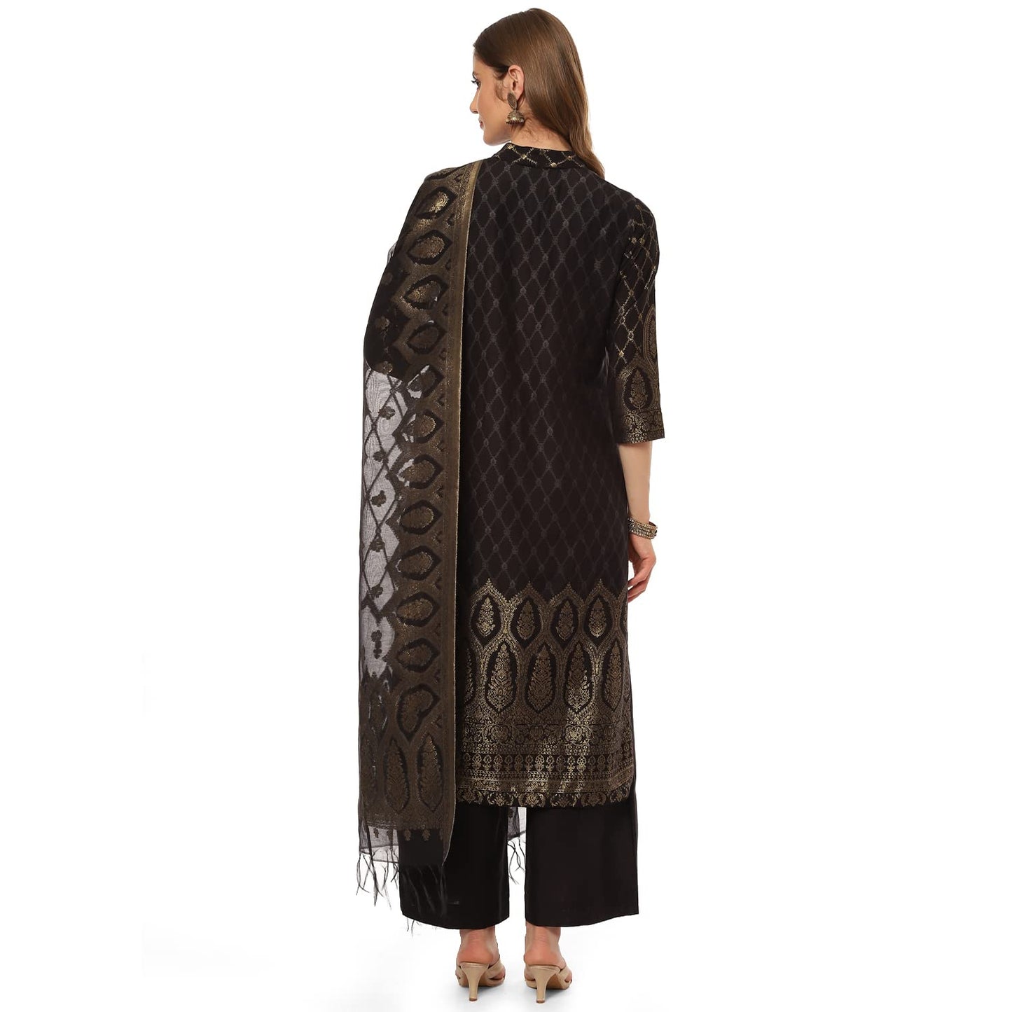 BIBA WOMEN YARNDYED STRAIGHT SALWAR KURTA DUPATTA(SKDASSORTED8389_BLACK_42)