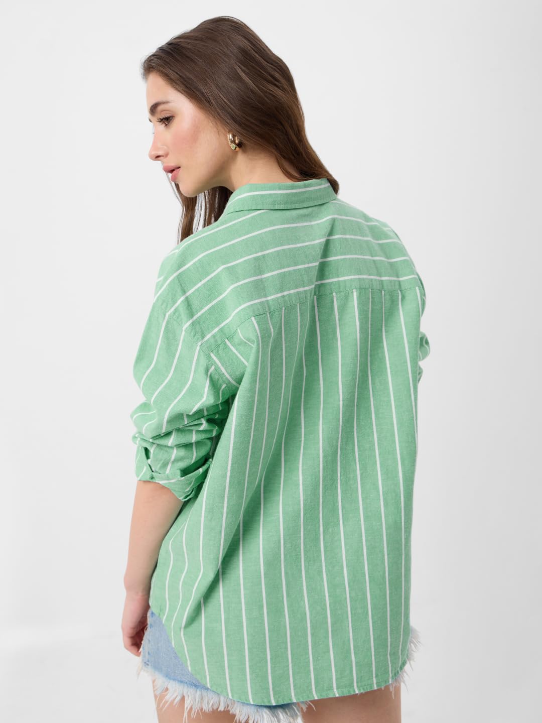 The Souled Store Cotton Linen Shirt: Foliage Women and Girls Long Sleeves Collared Neck Button Front Green Cotton Linen Boyfriend Shirts