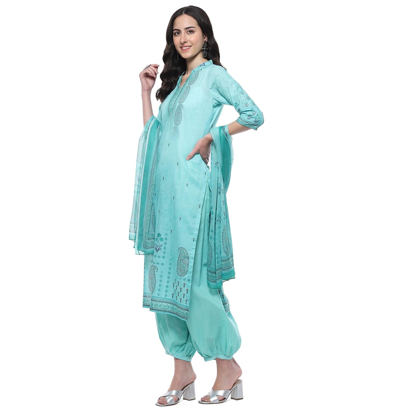 BIBA Women Cotton Blend Digital Print Unstitched Suit Set,Blue