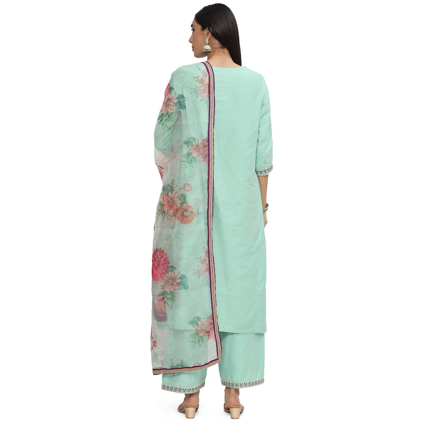 BIBA WOMEN YARNDYED RELAXED SALWAR KURTA DUPATTA(SKD8000_SEA GREEN_32)