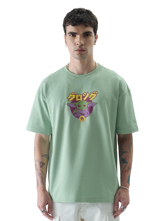 The Souled Store Official The Mandalorian: Grogu Mens and Boys Oversized fit Graphic Printed Half Sleeve Cotton Sage Green Color Oversized T-Shirts (229121_XXS_Green)