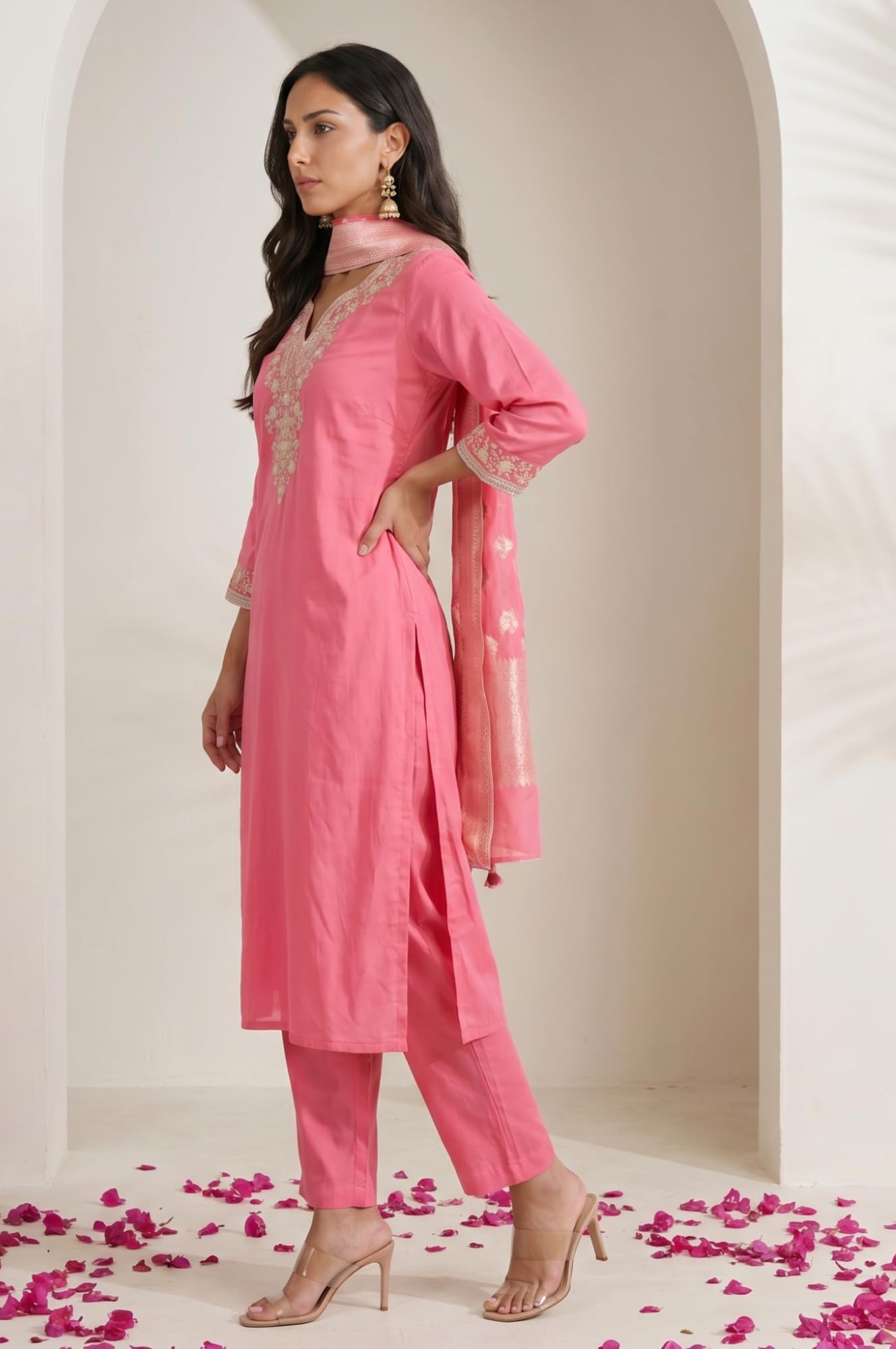 W for Woman Pink Embroidered Straight Kurta with Pants Set and jacquard Dupatta - (WS14009-225464-3XL)