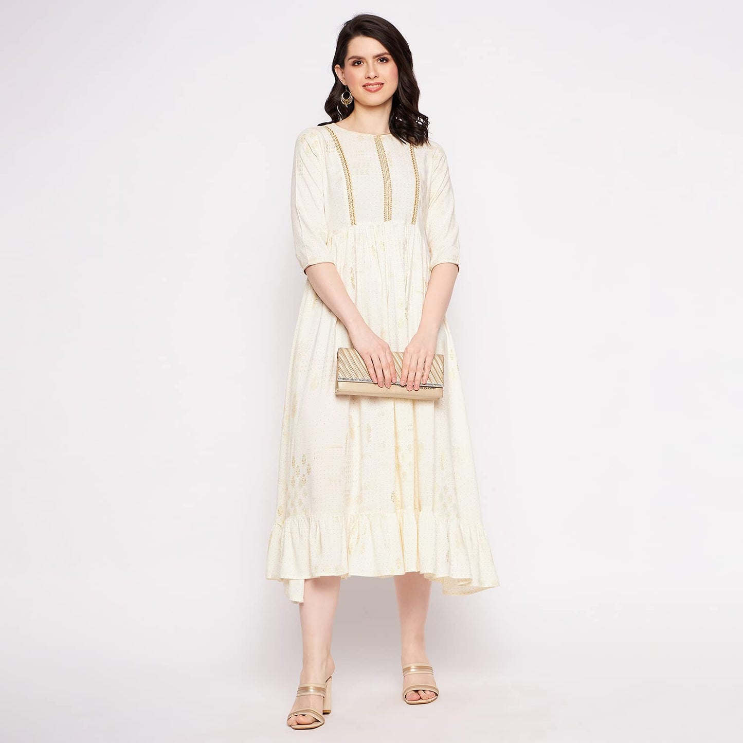 Rangavali Off White Foill Printed Cotton Frill Dress for Women | Stylish Kurti for Woman | A-Line Tiered Dress | Sundress | Maxi Dress | Short Dress | Wedding Party Ethnic Dress | Off White, 34 M