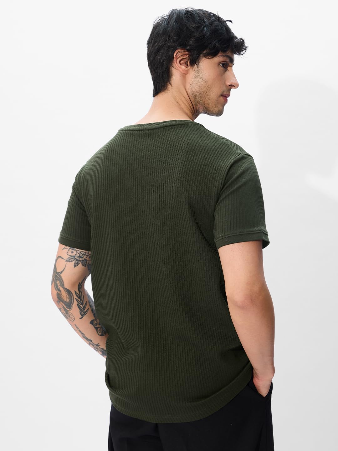The Souled Store Official Korean T-Shirt: Olive Men and Boys Short Sleeves Round Neck Purple Graphic Printed Regular Fit Cotton T-Shirts