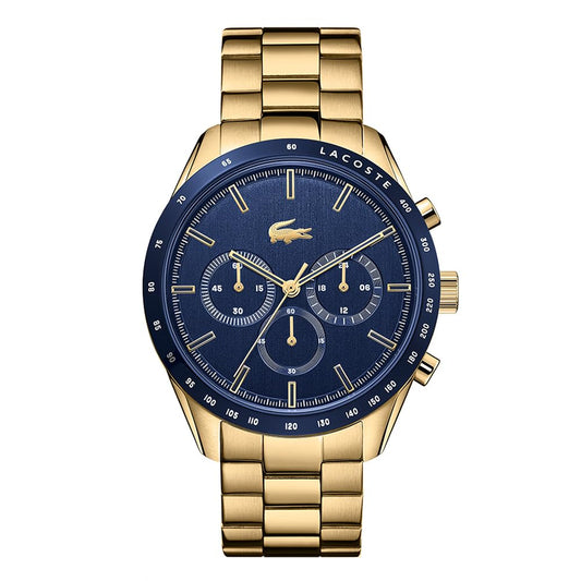 Lacoste Boston Qtz Fashion Chrono Blue Round Dial Men's Watch|Ionic Plated Thin Gold Steel Material|Gold Color Band - 2011096