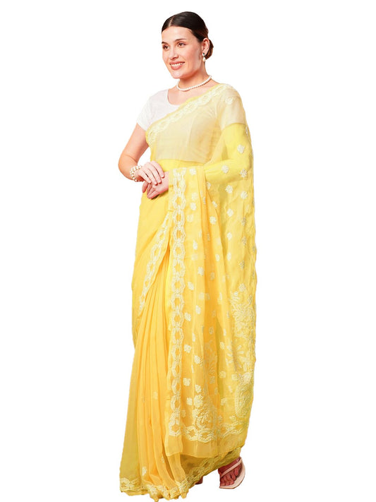 Ada Women Hand Embroidered Lucknowi Chikankari Georgette Saree With Unstitched Blouse Piece A129556, Yellow