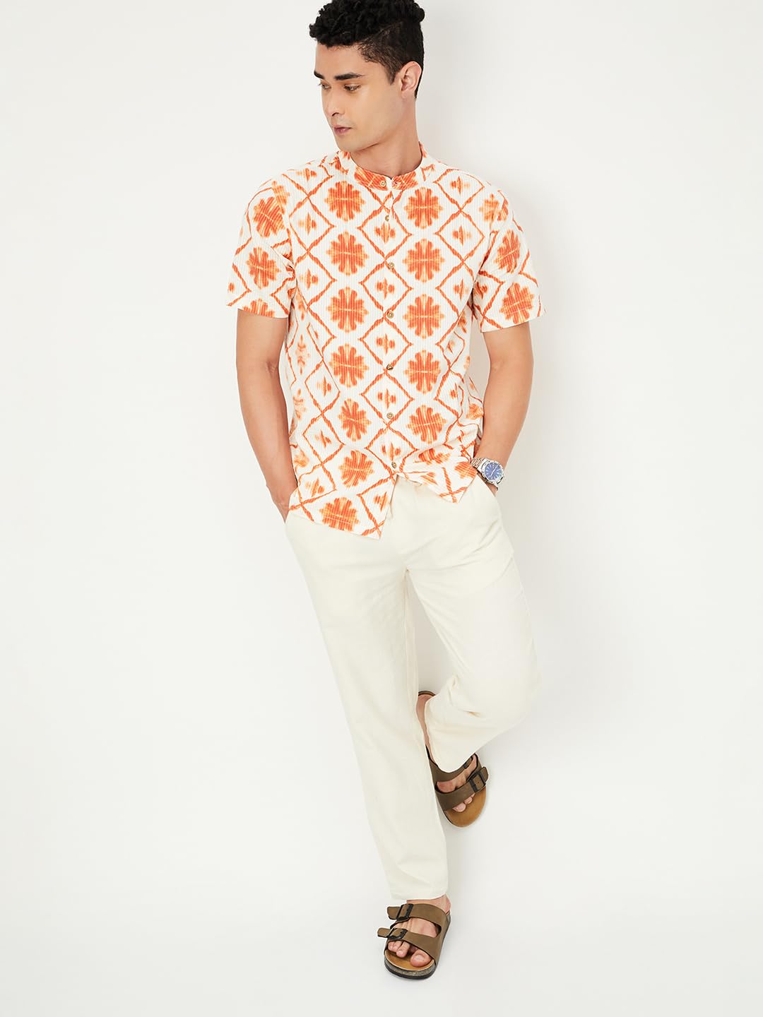 Men Printed Short Kurta, Off White, M
