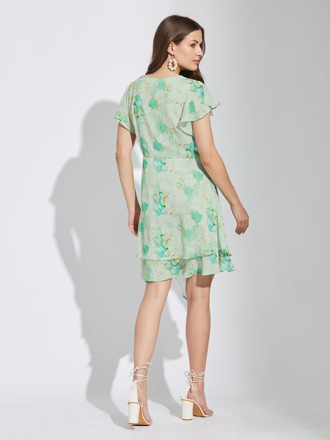 Latin Quarters Women Green V-Neck Half Sleeves Printed Above Knee A-Line Dress for Casual Wear
