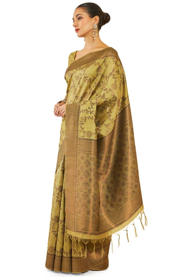 Soch Womens Light Green Tussar Silk Saree With Floral And Foliage Woven Designs